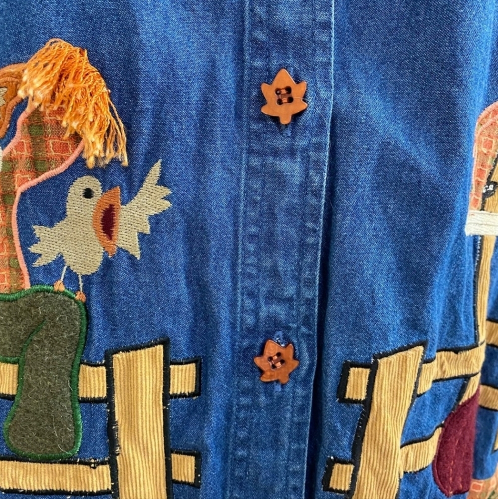 DRESS BARN | Scarecrow Pumpkins Fall Harvest Denim Button Up Shirt Sz XL - Picture 7 of 14